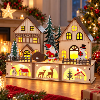 LED Christmas Village Decoration, 27cm Wooden Light Up Houses with 6/18h Timer