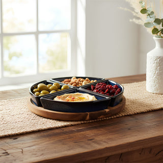 Sectioned Ceramic Snack Platter Set with Round Acacia Serving Tray - 21.5cm