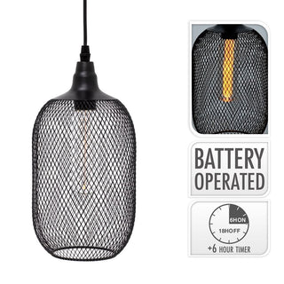 Industrial Style Black Metal Battery Operated Hanging Lamp | Decorative Retro Pendant Lamp With Timer | Metal Cage Battery Lamp Indoor Outdoor Hanging Light