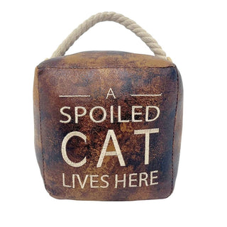 A Spoiled Cat Lives Here Doorstop, 16cm Novelty Slogan Door Stop Rope Handle