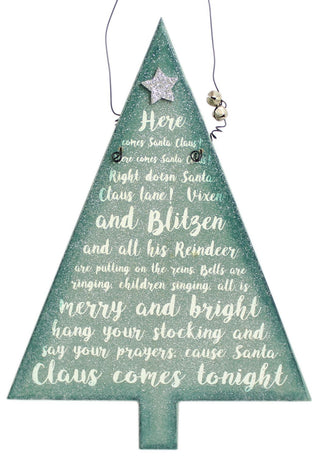 Hanging Frosty Glitter Christmas Tree Song Plaque Decoration ~ Here Comes Santa Claus