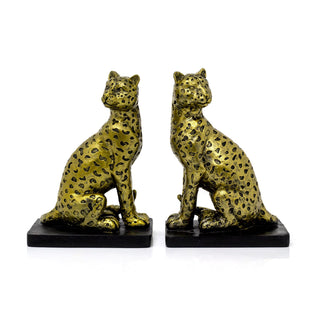 Set Of 2 Gold & Black Leopard Bookends | Pair Of Resin Cheetah Book Ends Statues