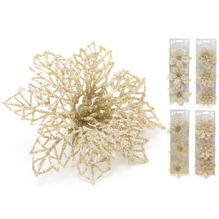 Set Of 3 Champagne Gold Glitter Christmas Clip On Flowers | Floral Christmas Present Decoration | Christmas Tree Decorations - Design Varies One Supplied