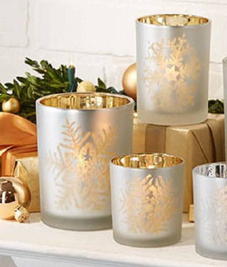 Set Of 3 Frosted Silver Glass Tealight Holders With Snowflakes ~ Gold