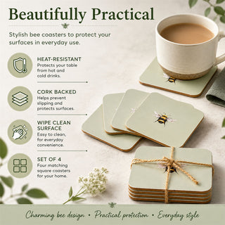 Set of 4 Bee Coasters, 10.5cm Cork Backed Green Drinks Coaster Set