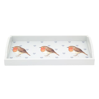 Pretty Robin Redbreast Wooden Serving Tray Display Tray| Grey Wooden Tray With Handles Drinks Tray | Kitchen Tea Coffee Tray Snack Trays