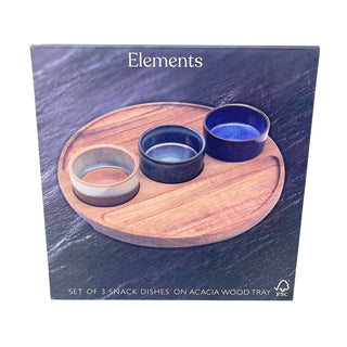 Set of 3 Ceramic Snack Bowls with Round Acacia Wood Serving Tray - 25cm