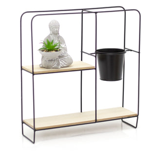 Freestanding Black Metal Shelf Unit With Pot and Buddha Statue | Storage Organiser Table Display Shelves | Standing Desktop Shelves - Square