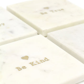 Set Of 4 Assorted Natural White And Gold Marble Coasters | 4 Piece Metallic Gold Heart Inlay Be Coasters | Square Cup Mug Table Mats Coaster