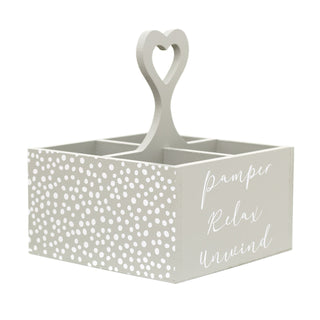 Shabby Chic Pamper Storage Crate | Grey Wooden Bathroom Caddy | Polka Dot And Heart Beauty Box Crate