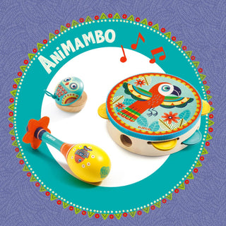 Djeco DJ06016 Animambo Set Of 3 Musical Instruments Tambourine Maraca Castanet