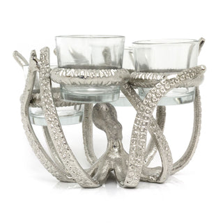 Octopus Tealight Holder | Silver Aluminium Nautical Candle Holder - 19x17cm