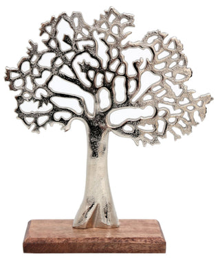 Silver Metal Tree Decorative Ornament On Wooden Base - Small