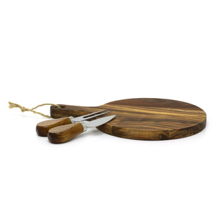 Acacia Cheese Board with Knife & Fork | 3-Piece Wooden Cheese Serving Set