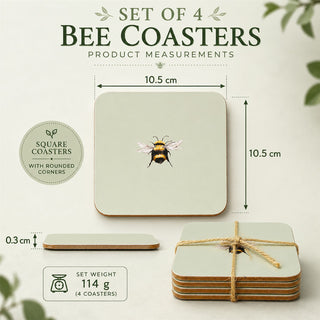 Set of 4 Bee Coasters, 10.5cm Cork Backed Green Drinks Coaster Set