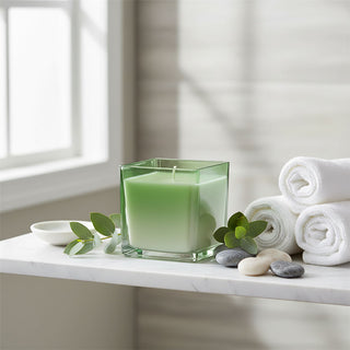 Fig & Apple Scented Candle, 10cm Square Green Ombre Glass Candle
