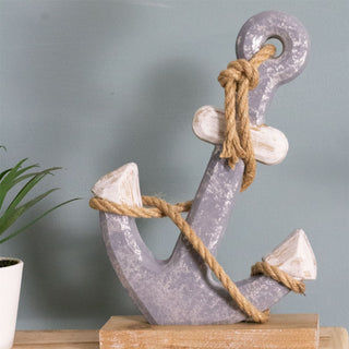 Nautical Wooden Anchor Ornament | Rustic Wooden Ship Boat Anchor On Stand - 27cm