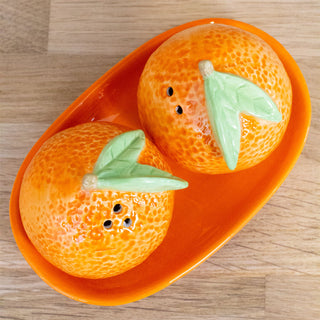 Citrus Fruit Salt & Pepper Shakers Ceramic Salt & Pepper Pots With Tray - Orange