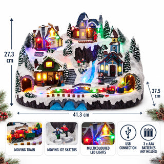 LED Christmas Village with Moving Train and Ice Skaters, Snowy Winter Scene