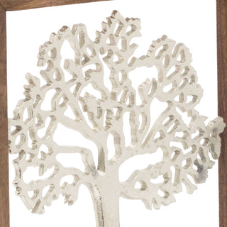 Framed Elegant Silver Tone Tree Of Life Sculpture | Aluminium Family Tree Wall Ornament | Silver Metal Tree Decorative Hanging Wall Art