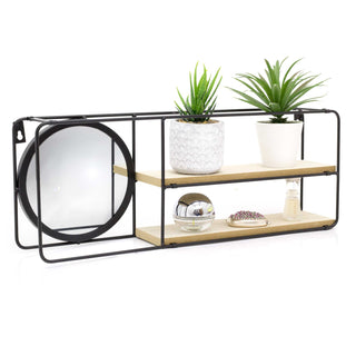 Black Industrial Style 2 Tier Wooden Shelves With Mirror | Double Shelf Rack Display Rack Organiser | Rectangle Shelf Storage Unit