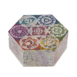 Soapstone Box Carved Chakra Trinket Box | Multi Chakra Symbol Hexagonal Jewellery Box | Handcrafted Chakra Keepsake Box Decorative Storage Box