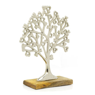 Small Elegant Silver Metal Tree Of Love Ornament On Mango Wood Base - 26.5cm