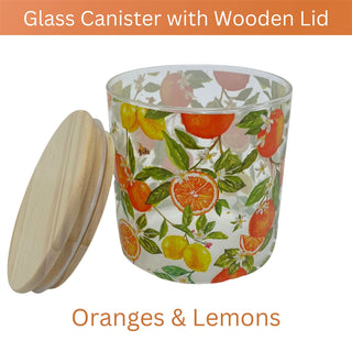 Oranges & Lemons Glass Canister, 850ml Airtight Wooden Lid Storage Jar