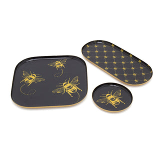 Set Of 3 Black and Gold Bee Display Tray Candle Trays | 3 Piece Metal Trinket Tray Jewellery Dish | Display Dish Set