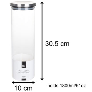 1800ml Round Glass Airtight Spaghetti Jar | Glass Airtight Dry Food Storage Jar Container With Lid | Cylinder Rice Pasta Pules Storage Canister