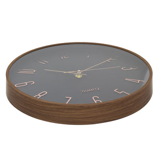 Black & Rose Gold Wall Clock, 30cm Round Wood Effect Quartz Wall Mounted Clock