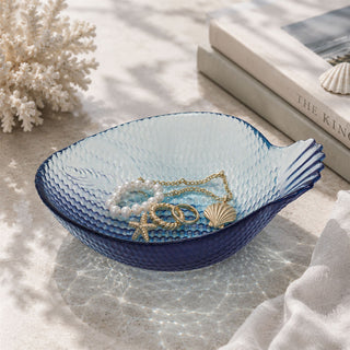 Fish Shaped Glass Bowl, 220ml Blue Nautical Snack Serving Dish 17x13cm