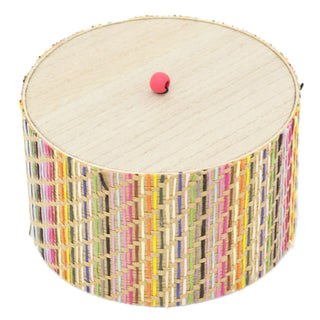 Kasbah Round Wooden Trinket Box | Multicolour Weave Storage Pot | Boho Wooden Jewellery Box Gift Box With Lid