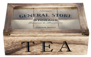 Rustic Vintage Style General Store 6 Compartment Wooden Tea Bag Box Chest