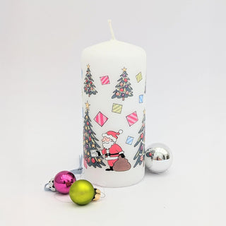 Christmas Trees Pillar Candle | Festive Candle with Colourful Santa Design 13cm