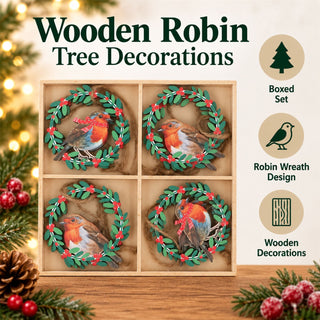 Set of 8 Wooden Robin In Wreath Christmas Tree Decorations, Gisela Graham 5.5cm
