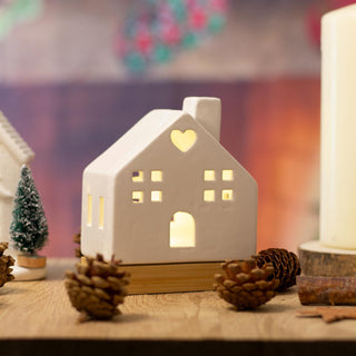 White Ceramic LED Christmas House Ornament On Bamboo Base | Light up Decoration