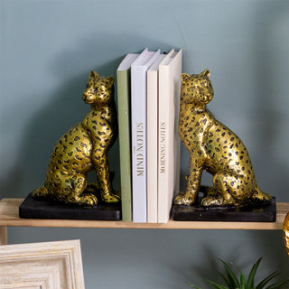 Set Of 2 Gold & Black Leopard Bookends | Pair Of Resin Cheetah Book Ends Statues