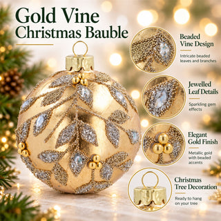 Gold Beaded Vine Glass Christmas Bauble, Gisela Graham Decoration 8cm
