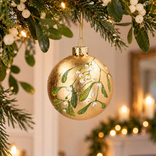 Gold Mistletoe Glass Christmas Bauble, Gisela Graham Tree Decoration 8cm