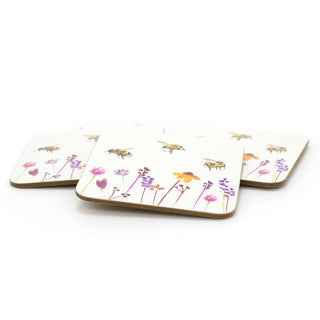 Set Of 4 Busy Bees Floral Coasters | Honey Bee Square Coaster Set | Bumble Bee Cup Mug Table Mats