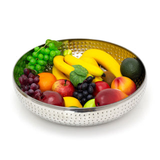38cm Extra Large Stainless Steel Kitchen Fruit Bowl | Round Silver Display Bowl With Hammered Detail | Multi-purpose Serving Bowl Salad Bowl Decorative Bowl