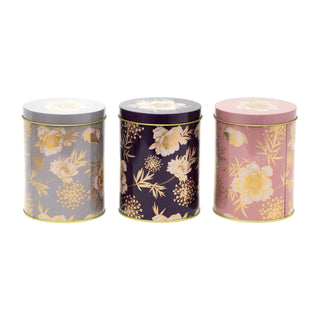 3 Piece Gold Shimmer Storage Tins | Set Of 3 Round Floral Kitchen Storage Tins