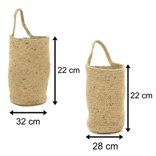 Set Of 2 Jute Hanging Storage Baskets | 2 Piece Jute Rope Woven Storage Bins | Wall Basket With Handles Decorative Baskets