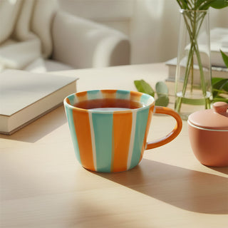Hand Painted Candy Stripe Mug 300ml Orange & Blue Fine China Tea Coffee Cup