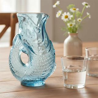 Blue Glass Fish Jug, 20cm Coloured Glass Pitcher Vase Nautical Fish Ornament