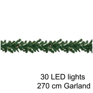 270cm Christmas LED Garland Artificial Wreath Garland | Festive Light Up Garland Warm White 30 LED Lights | Xmas Fairy Light Garland Festoon