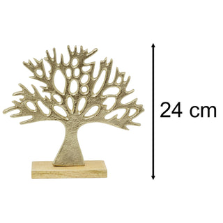 Tree of Life Ornament, 24cm Gold Metal Tree Sculpture on Mango Wood Base
