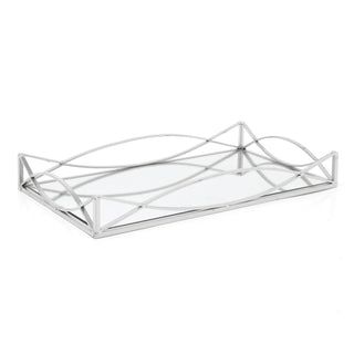 Art Deco Silver Mirrored Display Tray | Perfume Jewellery Cosmetic Organiser | Decorative Metal Double Vanity Dish 35cm