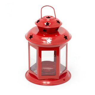 13cm Metal Lantern Tealight Holder | Hanging Outdoor Indoor Tea Light Lantern | Star Tealight Candle Holder - Red